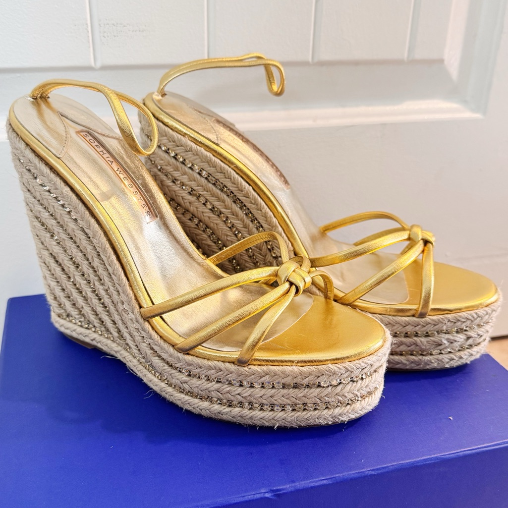 New Sophia Webster Alina Crystal Espadrille Wedge Sandal - Gold